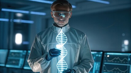 A scientist examines a glowing DNA helix in a high-tech laboratory, showcasing advancements in genetic research and biotechnology.