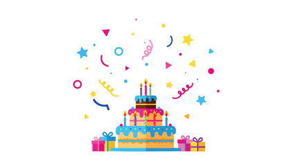 A colorful illustration of a multi tiered birthday cake with blue icing and pink and yellow decorations surrounded by gifts with party