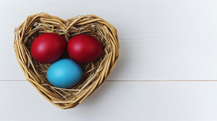 Colorful Easter eggs in heart shaped woven basket with straw on white wooden background for spring holiday celebration, copy space.