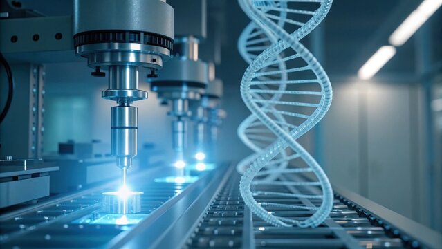 A futuristic lab scene showcasing a DNA strand and precision machinery, highlighting advancements in biotechnology and genetic engineering. - Powered by Adobe