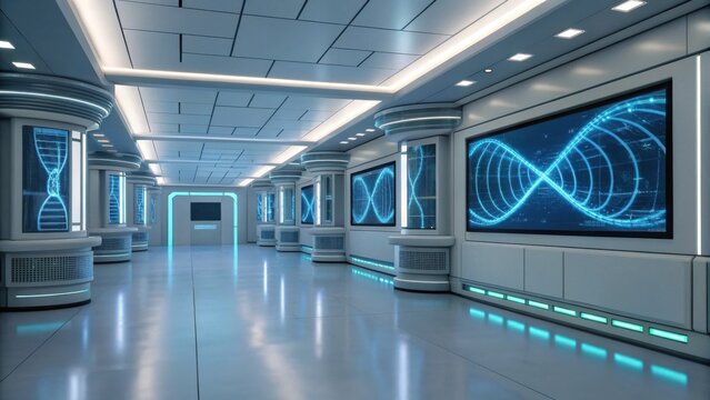 A futuristic laboratory featuring sleek design, illuminated panels, and digital displays showcasing DNA strands. - Powered by Adobe