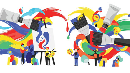 Vibrant artistic scene with people painting colorful artwork with large brushes and tubes of paint on easel and canvas with creative