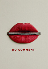 Red lips zipped shut with metal zipper, no comment text, concept of silence censorship secrecy keeping quiet.