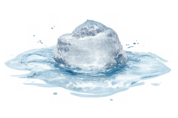 Iceberg floating and impacting water, creating splashing waves and drops, symbolizing cold, climate change, and global warming