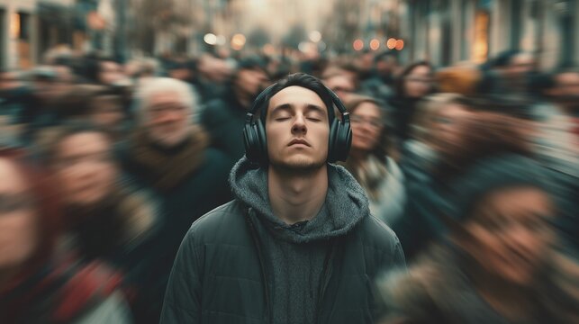 Young man standing calm with closed eyes and headphones in a blurred crowd