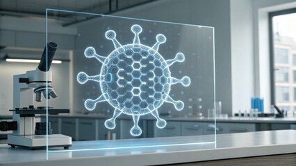 A futuristic laboratory scene featuring a digital representation of a virus displayed on a transparent screen, with a microscope in the foreground.