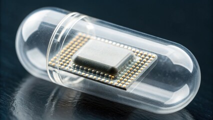 A transparent capsule containing a microchip, highlighting the intersection of technology and medicine.
