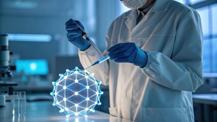 A scientist in a lab uses a pipette to manipulate substances around a glowing molecular structure.