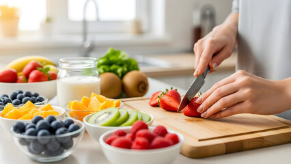 Person Preparing Fresh Fruit Salad in a Bright Kitchen