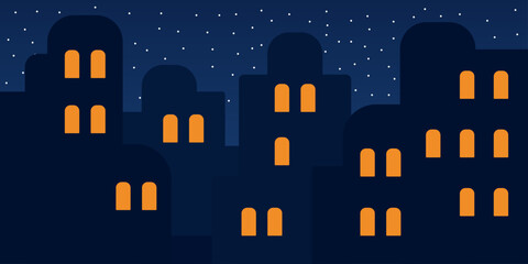 Night city block illustration. Simplified building silhouettes. Rounded windows glowing warmly. Strong dark and light contrast. Cozy urban evening scene.