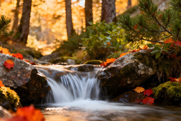 Autumn Forest Stream with Colorful Leaves and Golden Light by generative AI technology