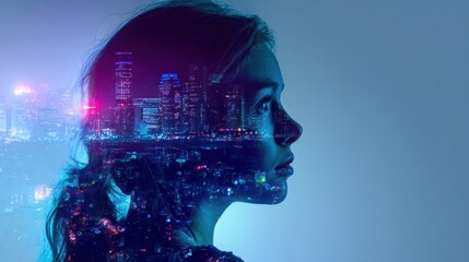 human woman combined with neon city skyline, double exposure, AI and big data visualization, futuristic urban tech mood, cinematic lighting
