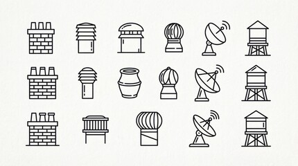 minimal city rooftop chimneys and vents icon set ideal for branding packaging and stationery design isolated on white background