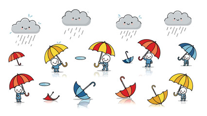 Colorful cartoon characters with umbrellas on a rainy day with smiling clouds and raindrops, playful and cheerful scene with weather