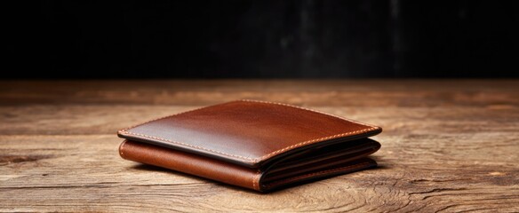 Naklejka premium the elegant leather wallet atop a rustic wooden table exudes classic charm