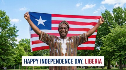 proud citizen of liberia standing outdoors holding the national flag of liberia stretched above their shoulders