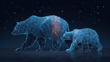 A digitally rendered image of a mother bear and cub, created with a low-poly aesthetic and a starry night background