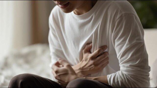 Young man grasping his chest, suffering from a sudden heart attack, arrhythmia, or panic attack