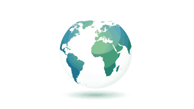 A detailed illustration of planet Earth with continents and oceans rendered in shades of green and blue, set against a pure white background with a subtle shadow
