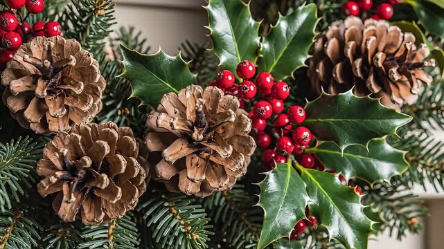 Closeup of a festive Christmas wreath adorned with pinecones holly and red berries perfect for holiday decor.