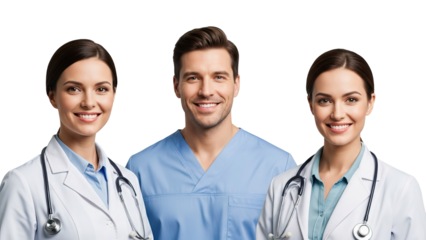 Three medical professionals standing together smiling isolated on white transparent png background download 3