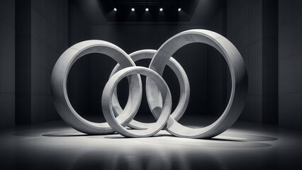 Abstract Sculpture: Interlocking Rings in Dramatic Spotlight
