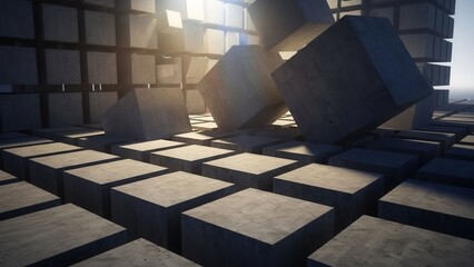 Abstract concrete cubes falling and stacked in geometric pattern with dramatic light