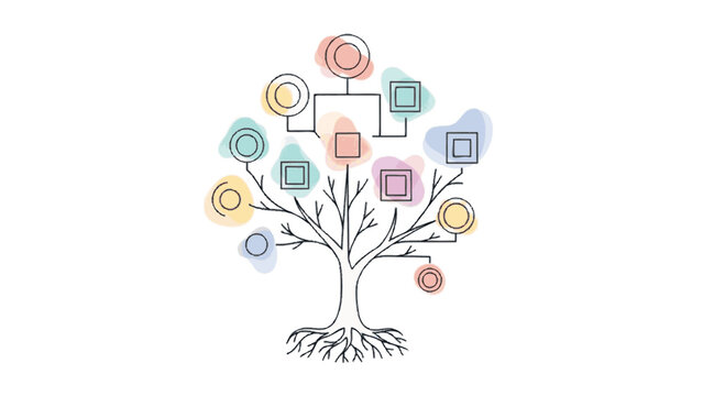 Abstract representation of a family tree or organizational structure depicted as a colorful, stylized tree with square and circular nodes connected by lines on a white background