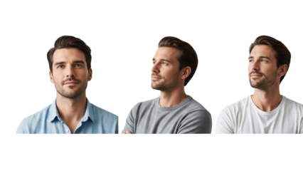 Three men with brown hair and beards wearing different colored shirts on black background isolated on white transparent png background download