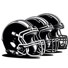 Fototapeta premium Helmet Lineup: A sleek collection of football helmets in a row, exuding power, protection, and the essence of American football spirit.