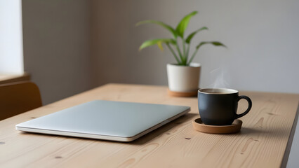 Minimalist workspace with laptop, coffee cup, and potted plant