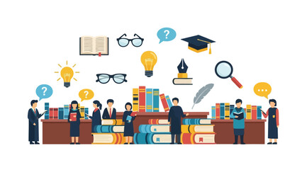 Group of diverse people studying and learning together surrounded by books, glasses, graduation caps and education related with research