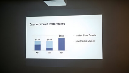 Projector displaying quarterly sales performance chart in dark room