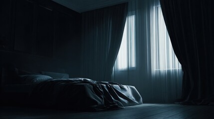 minimalist bedroom at night, cool air flowing, thick dark curtains, soft shadows, focus on relaxation and hormonal balance during sleep, realistic