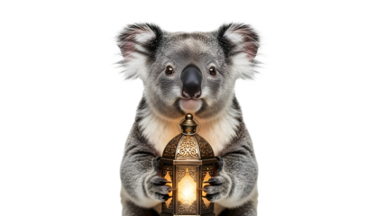 An endearing koala bear holding a beautifully lit golden ornate lantern, standing isolated on a white transparent background.
