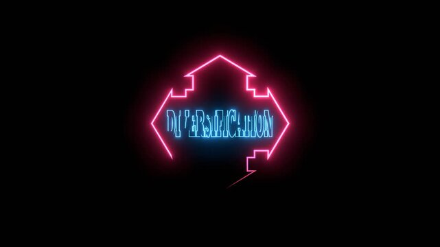 Neon glowing arrow cross with word diversification. Business solution, possible idea variant, various flexible problem solving ways