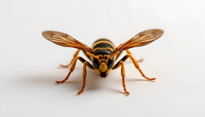 A bee, specifically identified as being a wasp, perched prominently in the foreground against a light background.