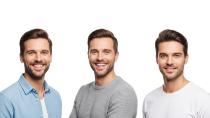 Three men with different colored shirts smiling at camera on black background isolated on white transparent png background download