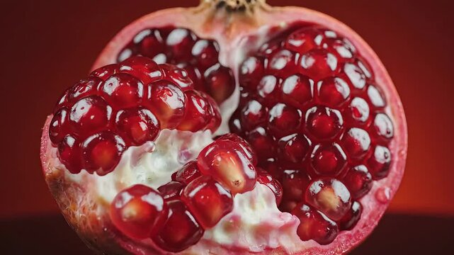 Closeup of a vibrant juicy pomegranate halved to reveal its glistening rubyred arils against a rich dark background perfect for healthy eating and fresh fruit concepts.