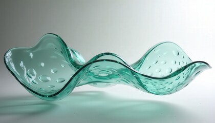Elegant Teal Glass Fruit Bowl With Bubbles And Wavy Edge On A Light Gray Studio Background