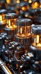 Close view of mechanical components with glowing elements in a factory during daytime