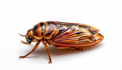 A beetle in an open position against a white background. It showcases its intricate patterns, vibrant colors, and antennae extended outward