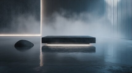 minimalist meditation space with smooth glowing stone platform over water, modern zen design, gentle mist, spiritual silence, soft diffused light
