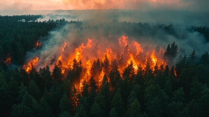 Forest fire spreads through trees in a wooded area during late afternoon hours