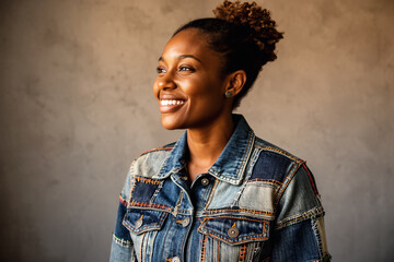 Upcycled denim portrait, patchwork jacket, warm grey background.