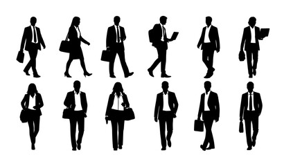 Modern business people walking silhouette set isolated vector