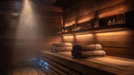 Modern wooden sauna room with subtle steam, warm lighting highlighting wooden textures, luxury towels and aromatherapy oils on shelves, ambient glow