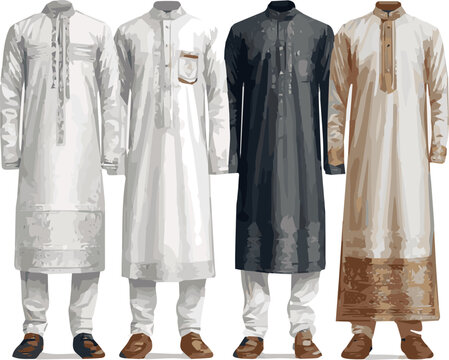 Create a kinds of deferent modern man Eid fashion dress vector art with white background.