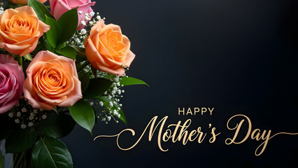 A beautiful bouquet of pink and orange roses with delicate white filler flowers and lush green leaves is presented against a dark background with elegant golden script wishing Happy Mother's Day