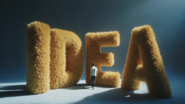 Person standing before giant fuzzy IDEA letters symbolizing creative thought